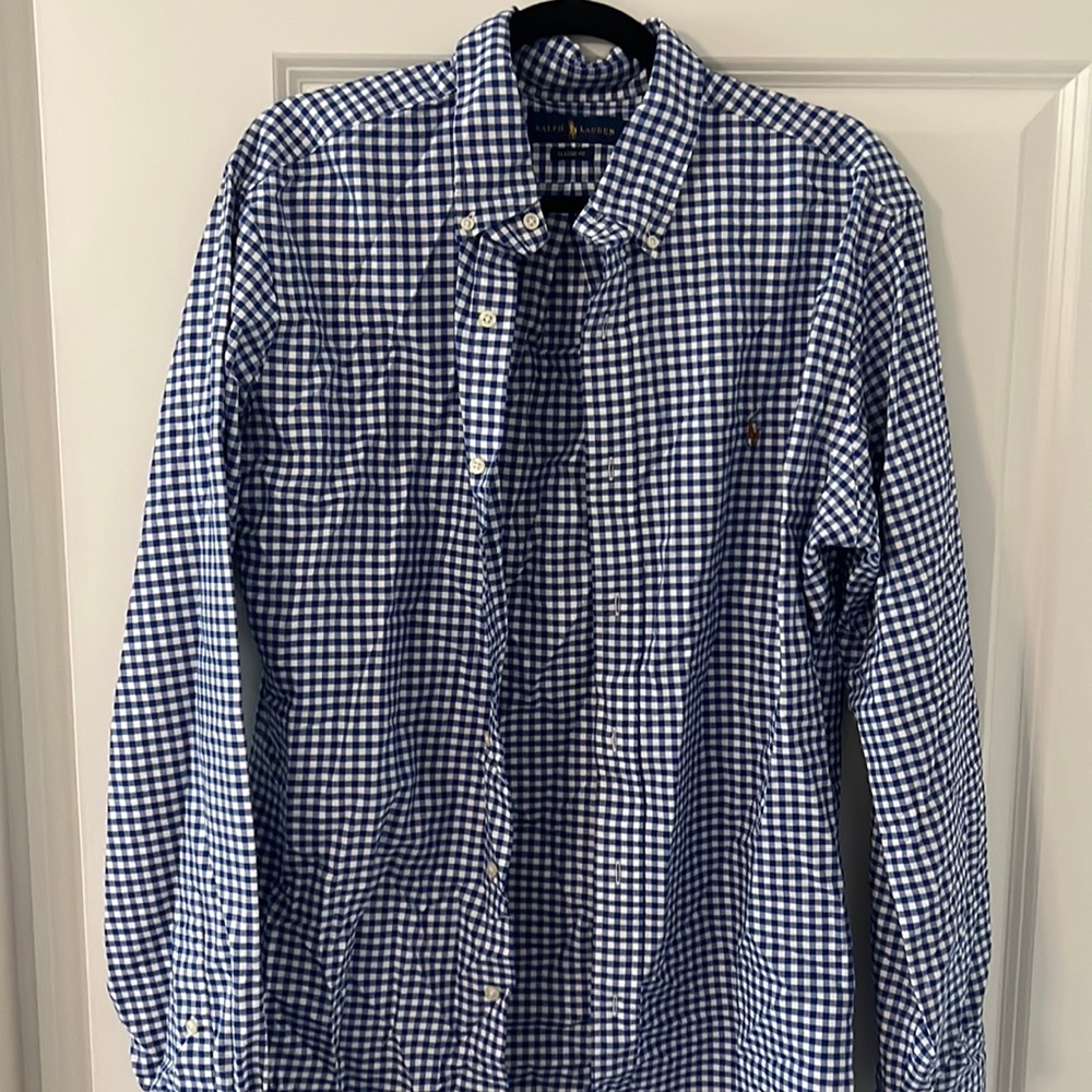 Ralph Lauren blue striped button up long sleeve shirt